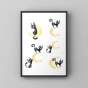Funky playing cats and moon art prints